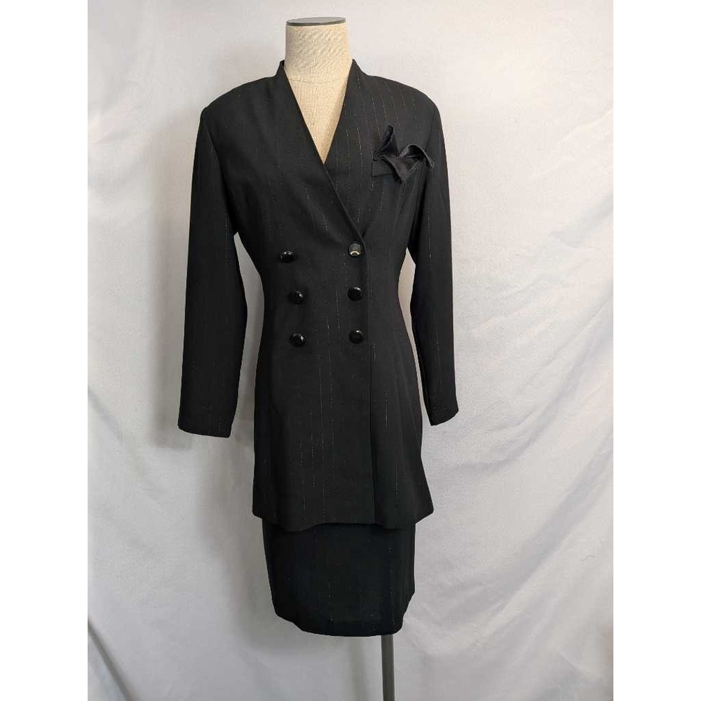 Leslie Fay Petite Black Pinstripe Double Breasted Blazer Dress Suit Set 12P